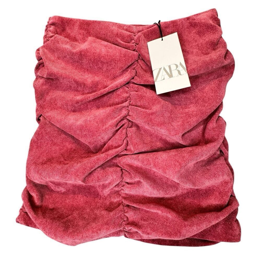 Zara Sz S Mini Skirt Ruched Corduroy Medium BurgundyโRed Draped Ruffle Career